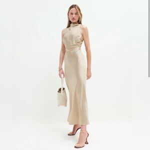 Reformation Silk | Casette High-Neck Midi Dress in Sand